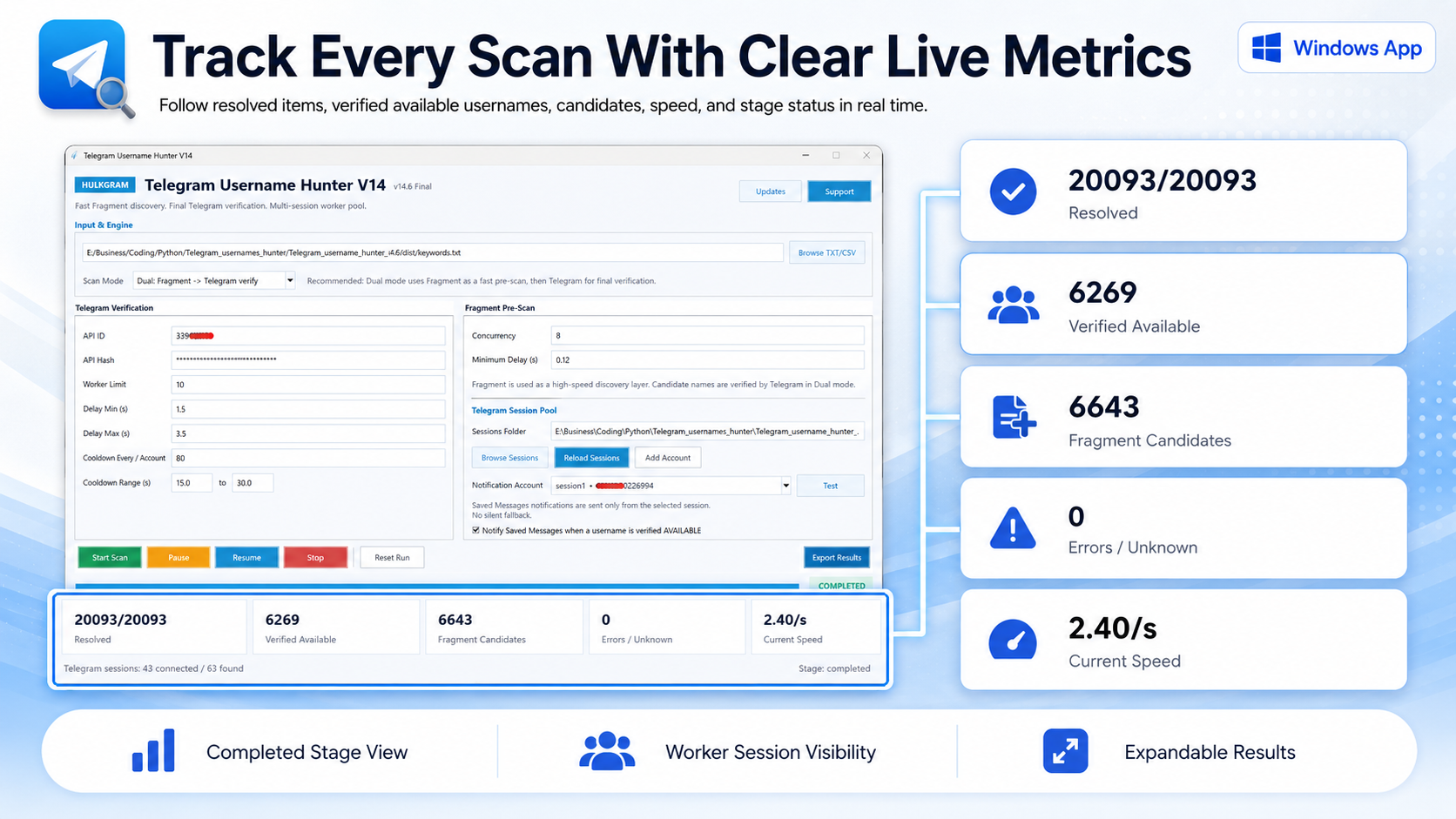 TG Hunter live scan metrics and progress dashboard