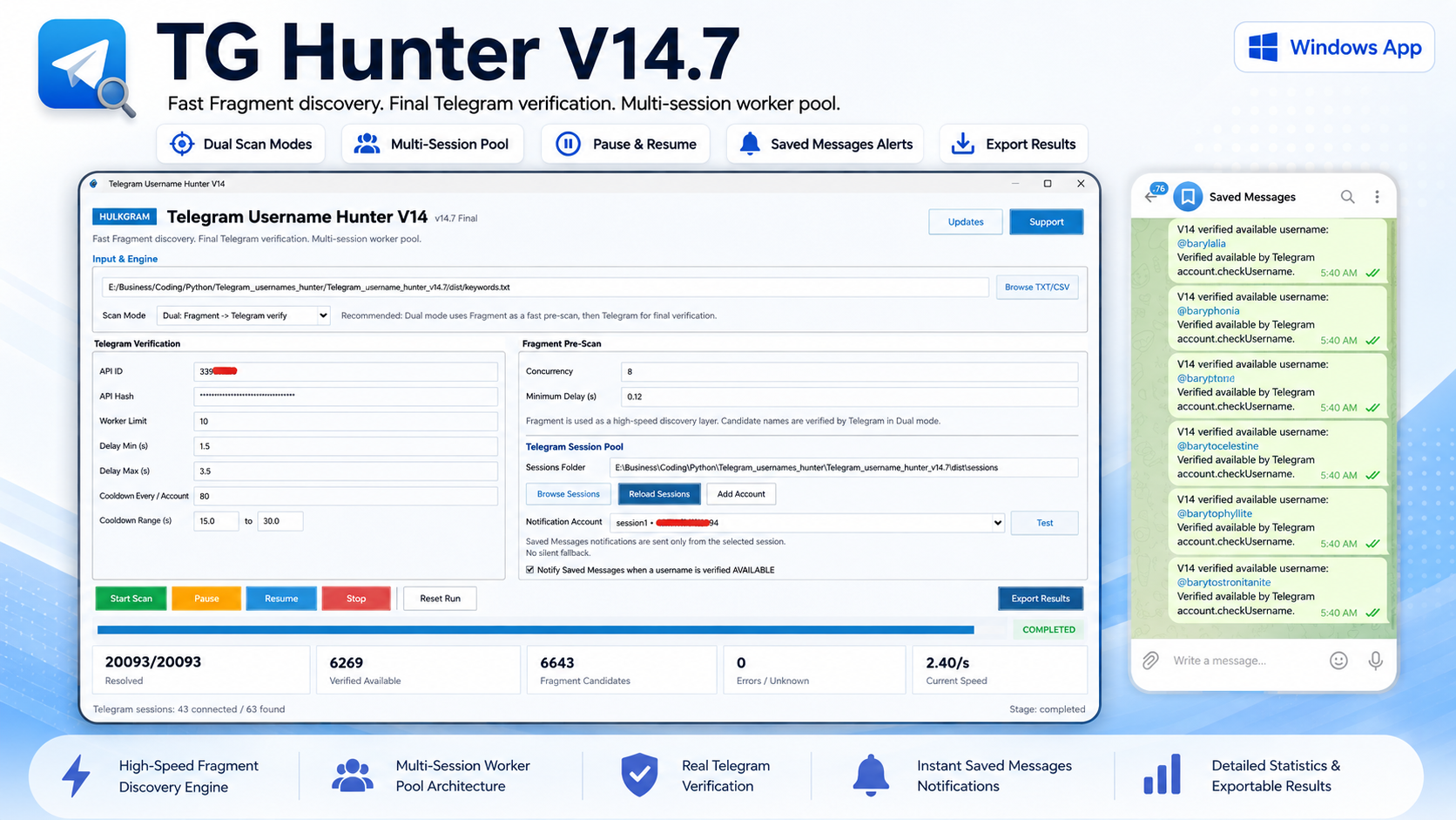 TG Hunter workflow showing Fragment discovery and Telegram final verification